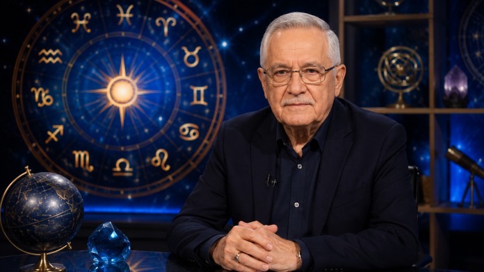 horoscop-mihai-voropchievici-25-mai.jpg Prezentator astrologie într-un decor cu simboluri zodiacale