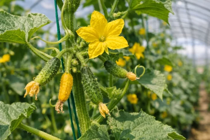 castraveti-flori-fara-productie.jpg Plante de castraveți cu multe flori și puține fructe în luna iunie