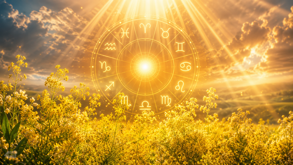 Cerc zodiacal luminos înconjurat de flori galbene de sânziene și lumină aurie
