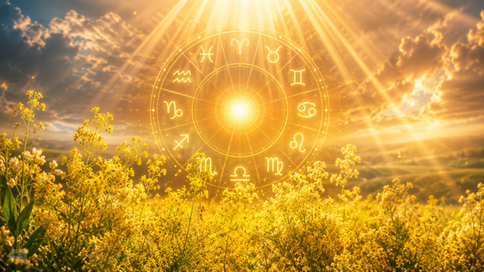 zodii-protejate-de-divinitate-sanziene-2026.jpg Cerc zodiacal luminos înconjurat de flori galbene de sânziene și lumină aurie