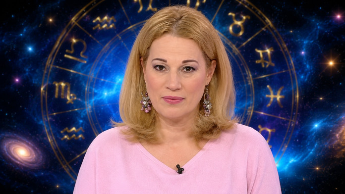 Camelia Pătrășcanu în prim-plan, fundal zodiacal luminos cu cerc astrologic și efecte cosmice.