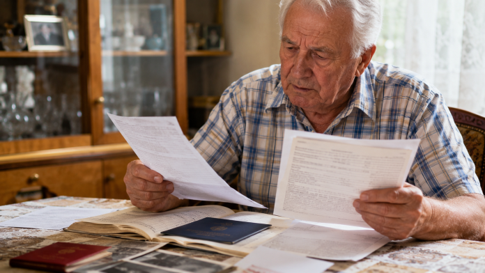 pensie-sub-15-ani-vechime.jpg Pensionar analizând documente privind vechimea în muncă și condițiile de pensionare.