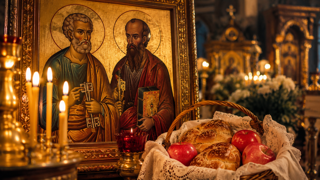 Icoana Sfinților Apostoli Petru și Pavel, lumânări aprinse și colaci pregătiți pentru binecuvântare în ziua de 29 iunie.