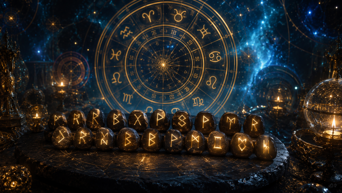 Cerc zodiacal și rune strălucitoare într-o atmosferă mistică, simbolizând previziunile pentru luna iulie 2026