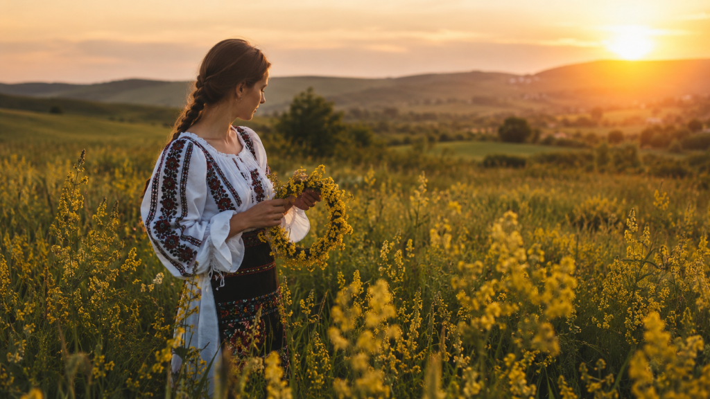 Coronițe de sânziene și apus de soare într-un peisaj rural românesc la începutul verii