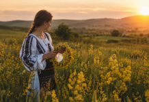 Sânzienele întorc vara. Motivul pentru care ziua începe să scadă după 24 iunie Coronițe de sânziene și apus de soare într-un peisaj rural românesc la începutul verii