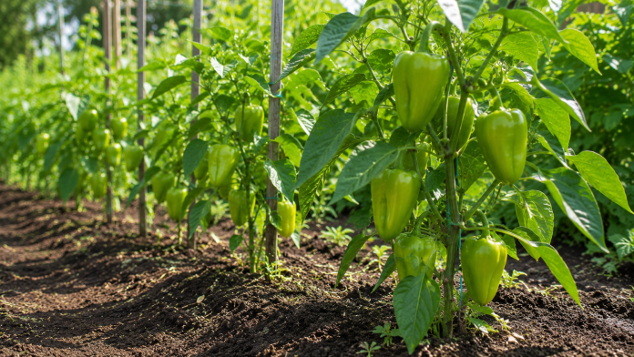 ardei-fertilizare-naturala-iulie-gradina.jpg Plante de ardei în grădină în luna iulie, fertilizare naturală și fructe în creștere.
