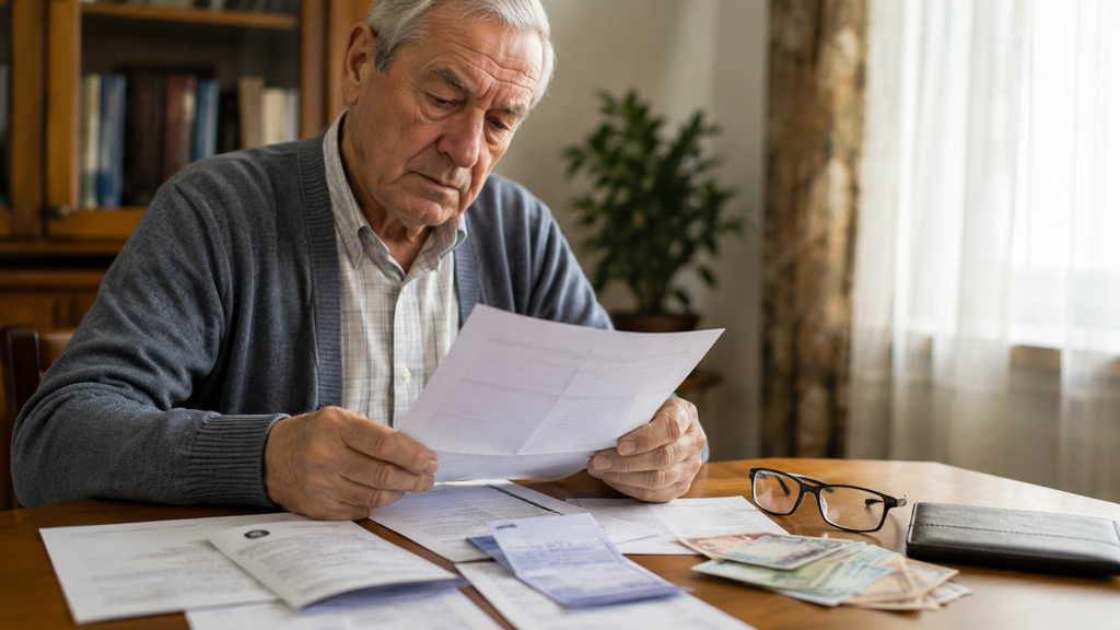 Pensionar analizând documente și decizia de pensionare pentru verificarea drepturilor.