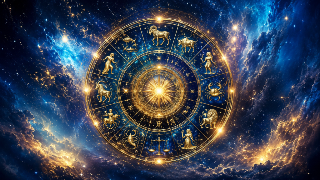 Cerc zodiacal luminos pe fundal cosmic cu simbolurile celor 12 zodii și energie astrală intensă pentru horoscopul zilei de 24 iunie 2026