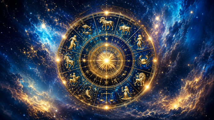 Cerc zodiacal luminos pe fundal cosmic cu simbolurile celor 12 zodii și energie astrală intensă pentru horoscopul zilei de 24 iunie 2026