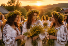 Tinere în ii tradiționale românești cu cununi de flori de sânziene participând la obiceiurile din Ajunul de Sânziene într-un sat românesc autentic