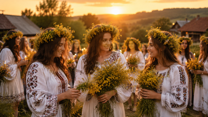 ajun-de-sanziene-2026-traditii-romania.jpg Tinere în ii tradiționale românești cu cununi de flori de sânziene participând la obiceiurile din Ajunul de Sânziene într-un sat românesc autentic