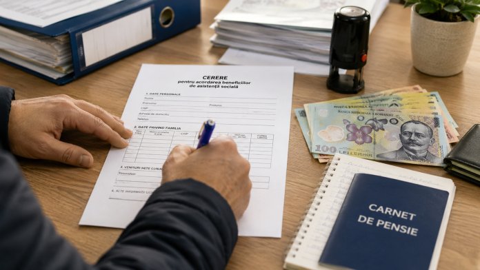 cererea-care-poate-aduce-bani-in-plus.jpg Persoană completând documente pentru obținerea unor beneficii sociale și ajutoare financiare.