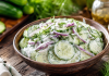Salata de castraveți cu ceapă și smântână. Rețeta simplă care se face în 5 minute și merge perfect în zilele călduroase Salată de castraveți cu ceapă roșie și smântână servită într-un bol