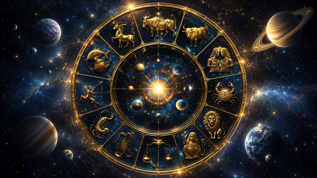 Cerc zodiacal luminos cu cele 12 zodii și efecte astrale spectaculoase pentru horoscopul zilei de 18 iunie 2026.