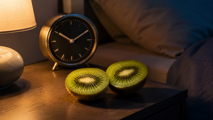 kiwi-inainte-de-culcare.jpg Kiwi proaspăt tăiat și gustare sănătoasă consumată înainte de culcare.