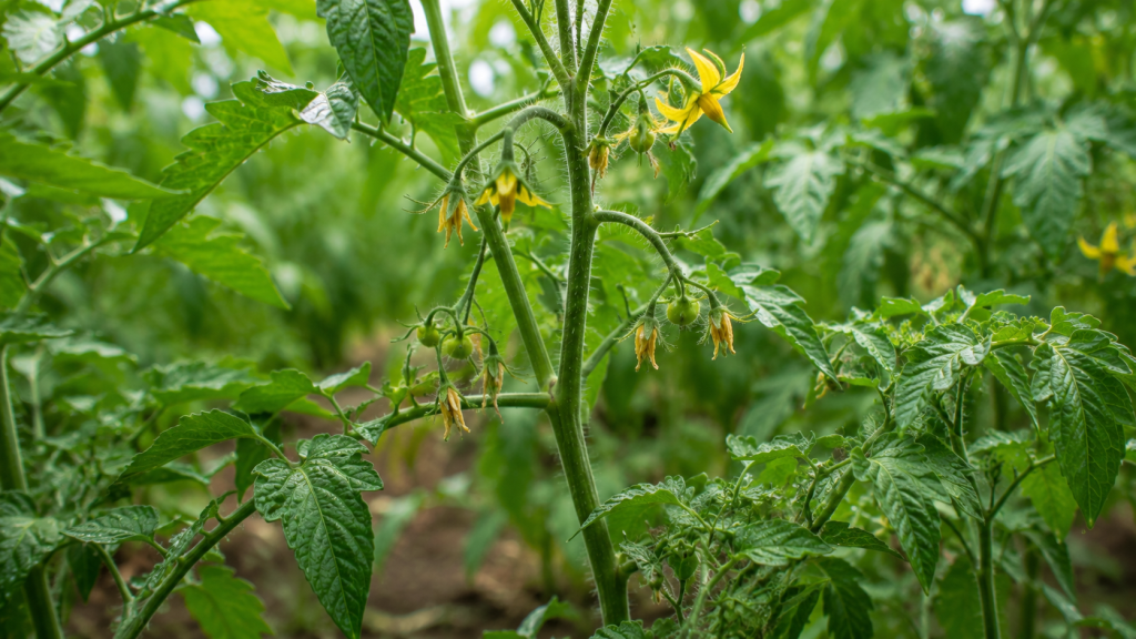 Plante de roșii în grădină cu flori care cad înainte de a forma fructe.