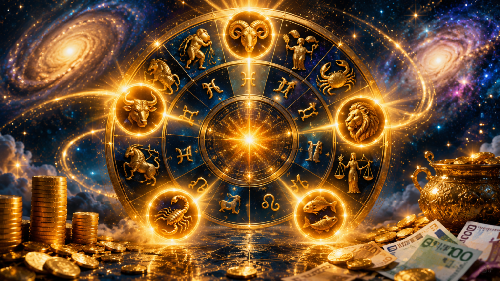 Cerc zodiacal spectaculos cu simbolurile celor 12 zodii și efecte astrale care sugerează noroc, bani și schimbări importante în luna iulie 2026