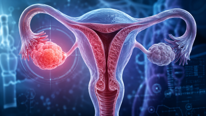 Ilustrație medicală realistă a sistemului reproducător feminin evidențiind ovarele