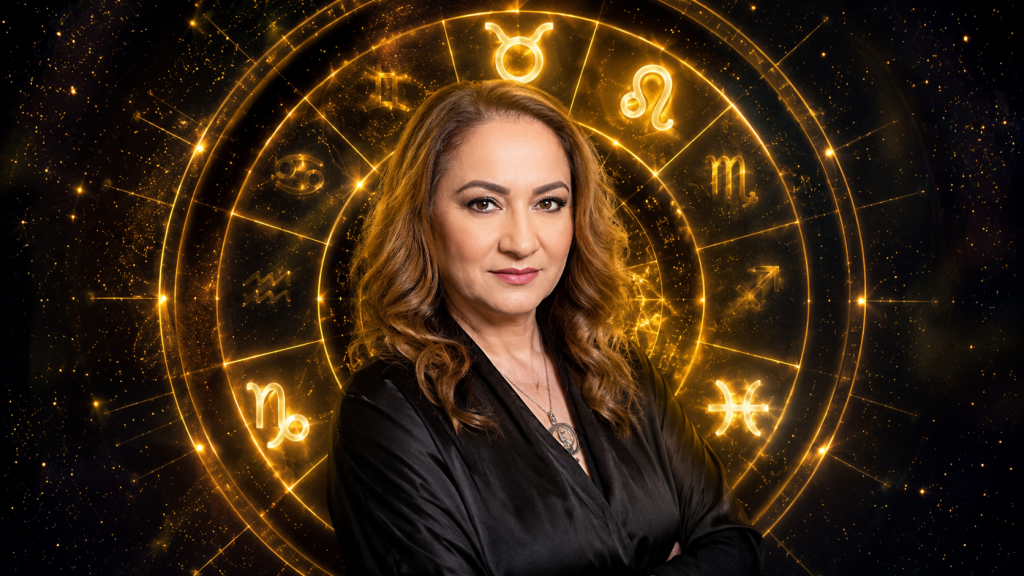 Cristina Demetrescu și cerc zodiacal luminos cu cinci zodii evidențiate pentru finalul lunii iunie 2026.