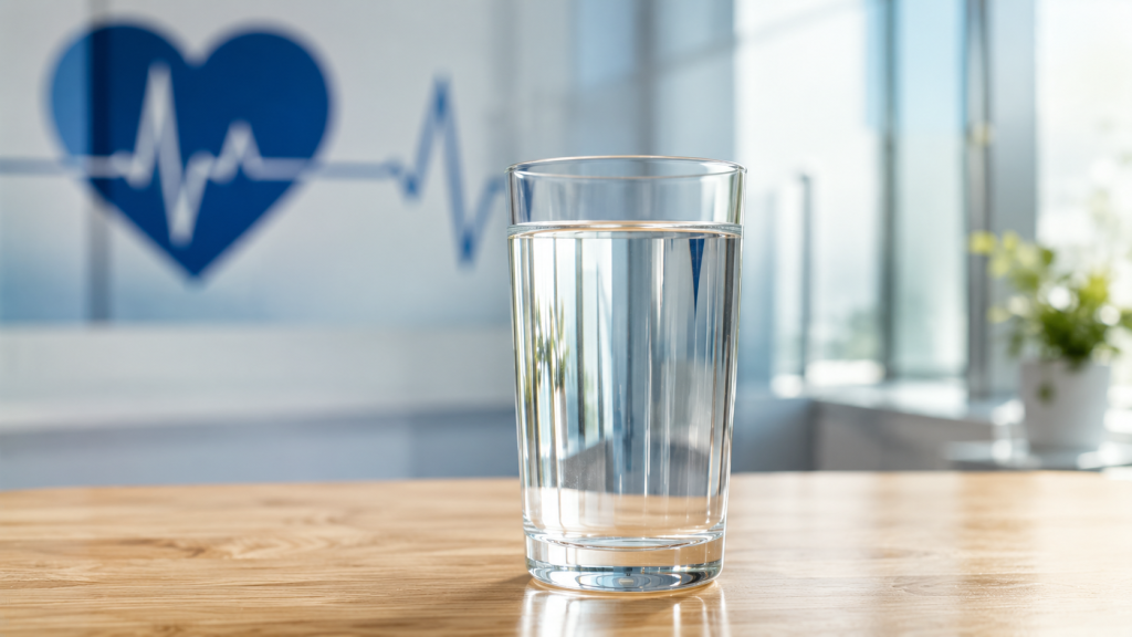 Pahar cu apă și simbol al inimii într-un context de sănătate cardiovasculară