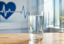 Legătura dintre hidratare și sănătatea inimii. De ce specialiștii spun că apa este importantă pentru organism Pahar cu apă și simbol al inimii într-un context de sănătate cardiovasculară