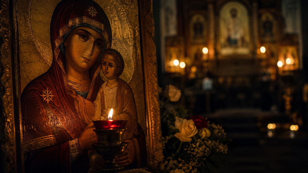 Icoana Maicii Domnului cu o lumânare aprinsă în față, într-o biserică luminată discret, sugerând rugăciunea rostită la miezul nopții