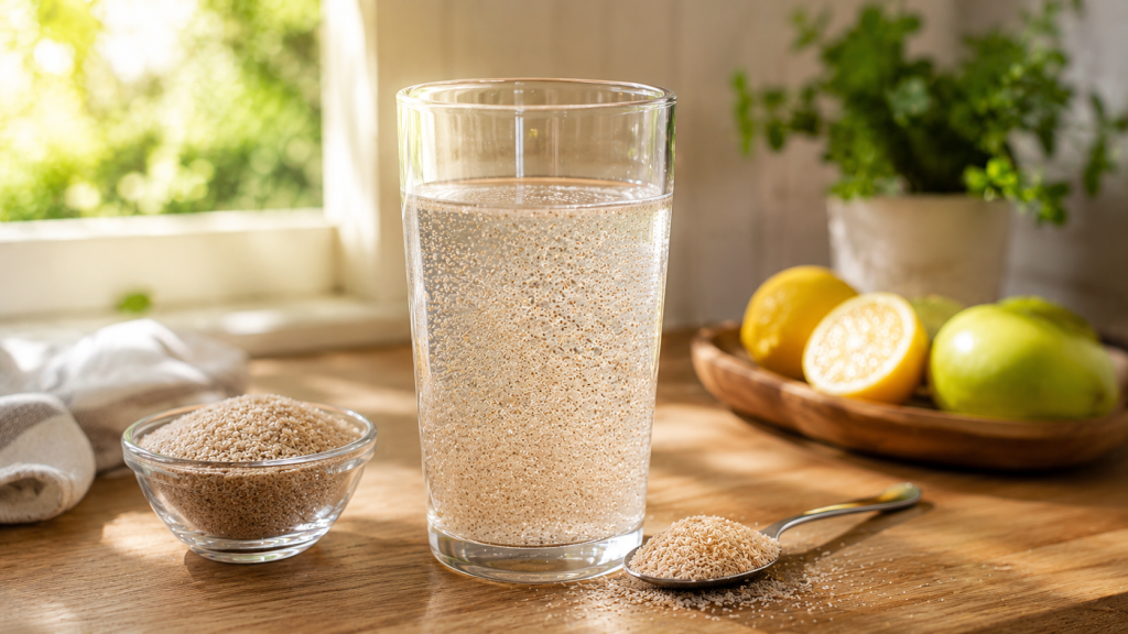 Pahar cu apă și fibre psyllium pregătite pentru consum înainte de micul dejun.