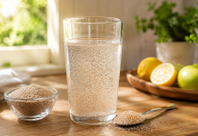 Beau asta înainte de micul dejun. Obiceiul simplu care îi ajută pe mulți să mănânce mai puțin peste zi Pahar cu apă și fibre psyllium pregătite pentru consum înainte de micul dejun.