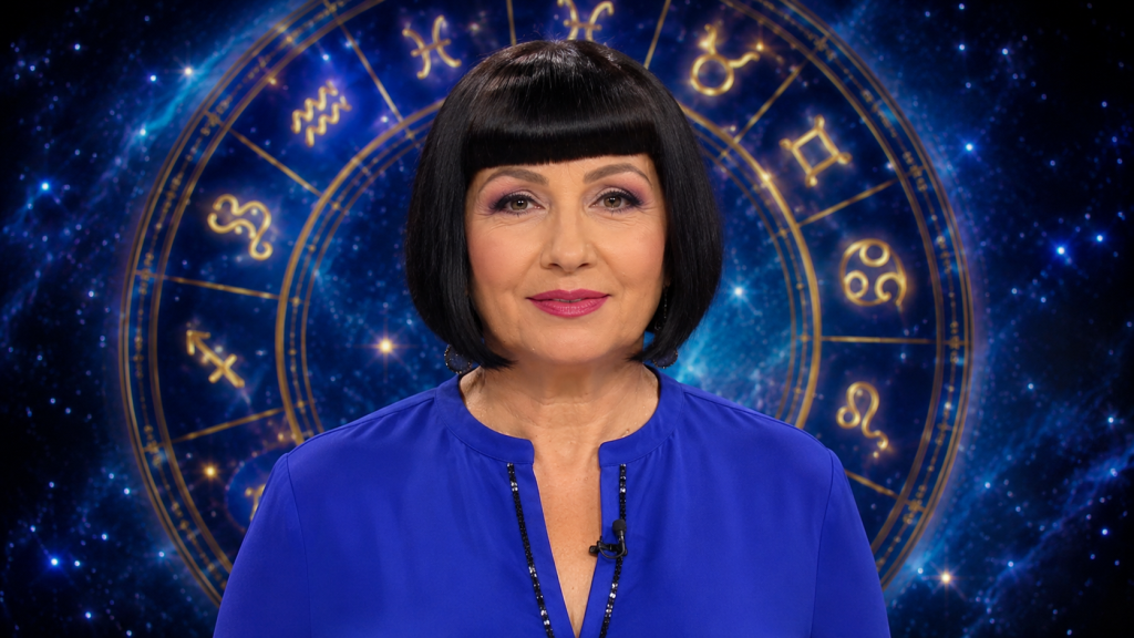 Neti Sandu în prim-plan, fundal cu cerc zodiacal și simboluri astrologice luminoase.