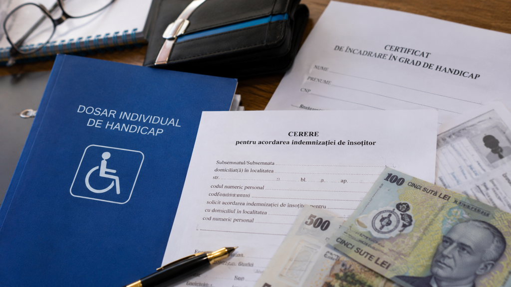 Persoană analizând documente pentru indemnizația de însoțitor și drepturile acordate beneficiarilor de handicap grav.
