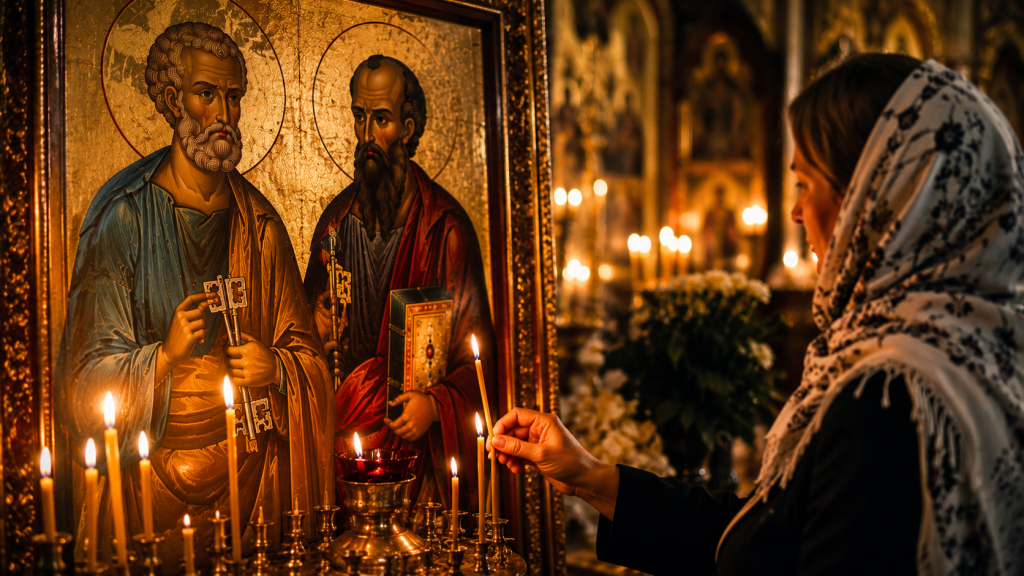 Credincioasă aprinzând o lumânare în fața icoanei Sfinților Apostoli Petru și Pavel într-o biserică ortodoxă, în ziua de 29 iunie.