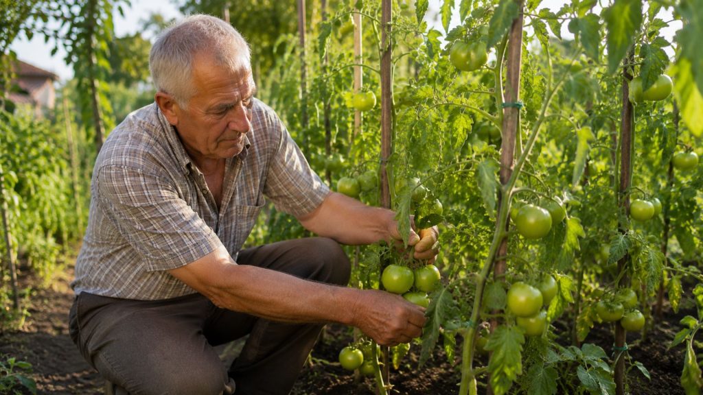 Grădinar care îngrijește plante de roșii în luna iunie