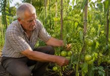 Grădinar care îngrijește plante de roșii în luna iunie