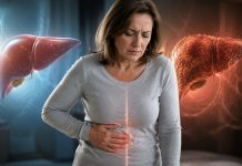 Ciroza hepatică poate evolua ani întregi fără simptome. Semnele care ar trebui să te trimită urgent la medic Femeie care ține mâna pe abdomen și prezintă semne de oboseală, asociate problemelor hepatice