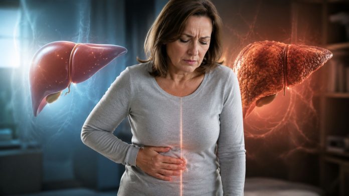 simptome-ciroza-hepatica.jpg Femeie care ține mâna pe abdomen și prezintă semne de oboseală, asociate problemelor hepatice