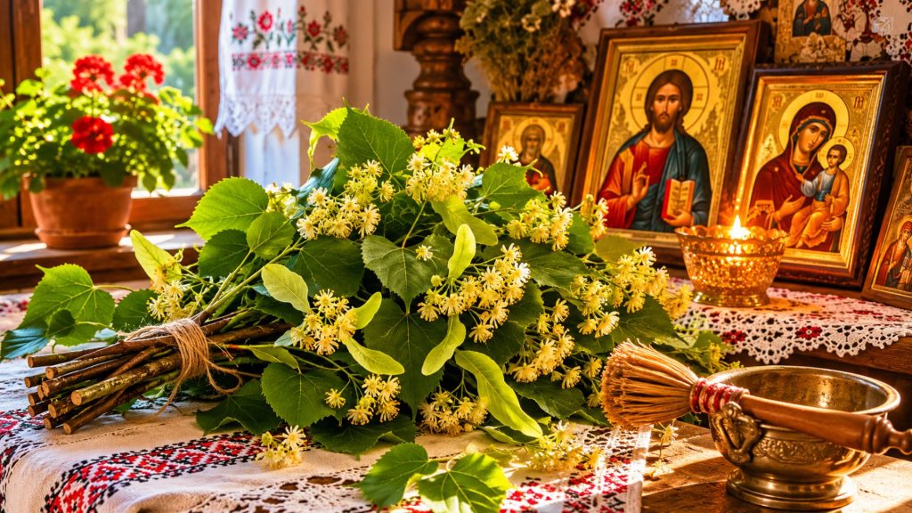 Ramuri de tei sfințite și icoană în a doua zi de Rusalii