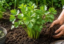 Leuștean verde și bogat în grădină după fertilizarea naturală din luna iunie