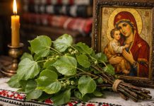 Ramuri de tei sfințite și icoană ortodoxă în a doua zi de Rusalii