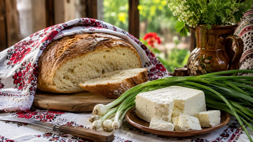 Ceapă verde, pâine și brânză pe o masă tradițională românească de Rusalii