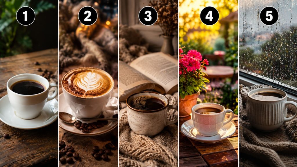 Test vizual cu cinci cești de cafea diferite și interpretarea modului în care îți încarci energia
