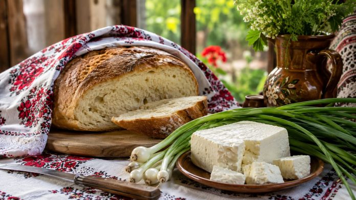 ceapa-verde-paine-branza-rusalii.jpg Ceapă verde, pâine și brânză pe o masă tradițională românească de Rusalii