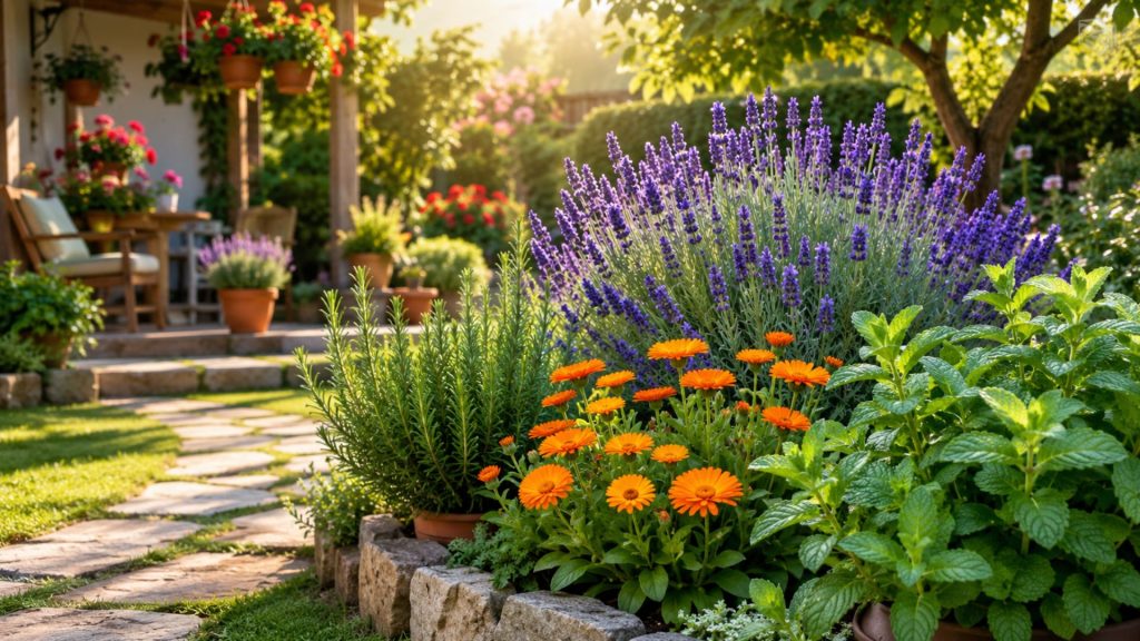 Lavandă și gălbenele cultivate într-o grădină de vară