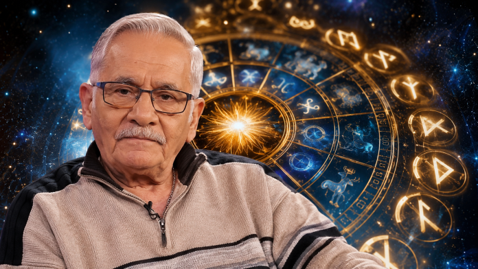 horoscop-mihai-voropchievici-iulie.jpg Mihai Voropchievici în prim-plan, cu un cerc zodiacal luminos și simboluri runice pe fundal, ilustrând previziunile pentru luna iulie.