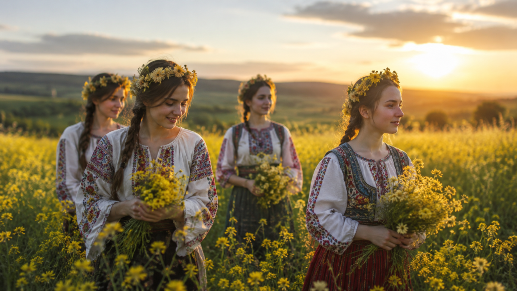 Femei în costume populare purtând coronițe din flori de sânziene într-un câmp cu flori galbene