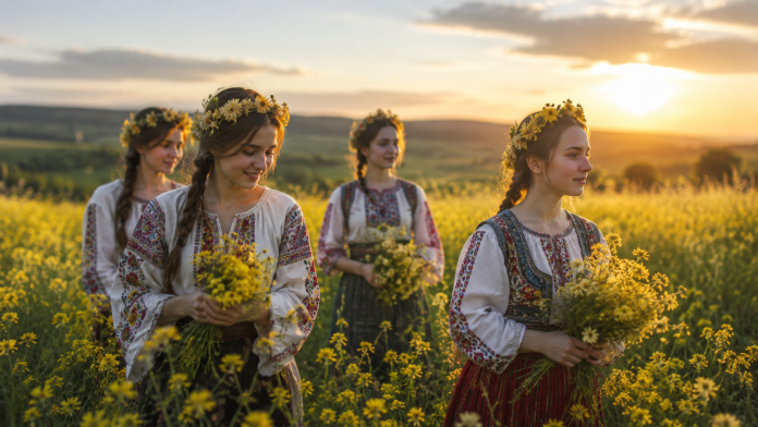 Femei în costume populare purtând coronițe din flori de sânziene într-un câmp cu flori galbene