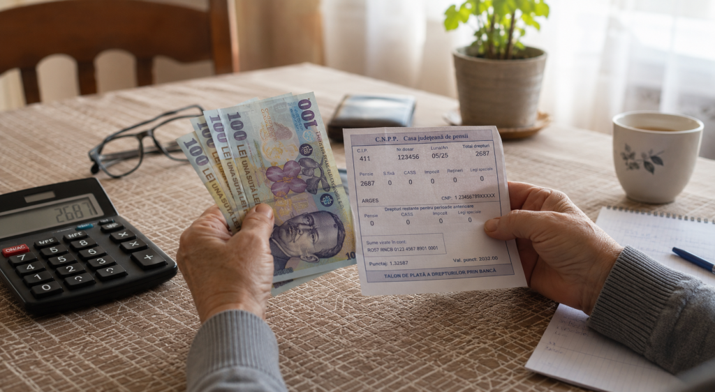 Persoană vârstnică verificând bani și documente de pensie pe masă, concept de plată pensii lunare.