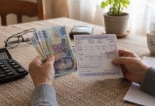 Persoană vârstnică verificând bani și documente de pensie pe masă, concept de plată pensii lunare.