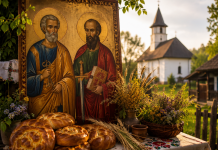 Icoană ortodoxă a Sfinților Petru și Pavel lângă o biserică tradițională românească și colaci de sărbătoare.