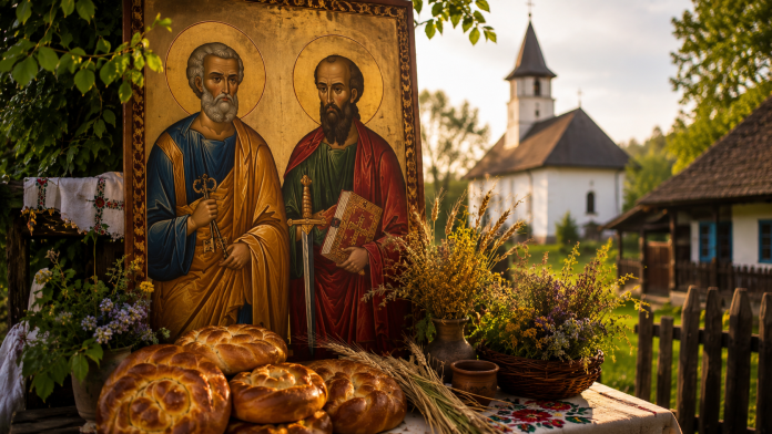 Icoană ortodoxă a Sfinților Petru și Pavel lângă o biserică tradițională românească și colaci de sărbătoare.